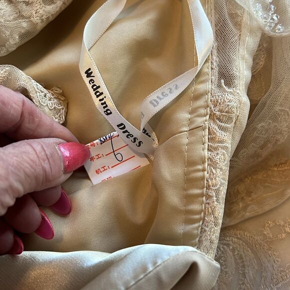 Wedding Dress Champagne Beige Boat Neck 3/4 Sleeve Corset Tie Back Midi - Picture 12 of 14